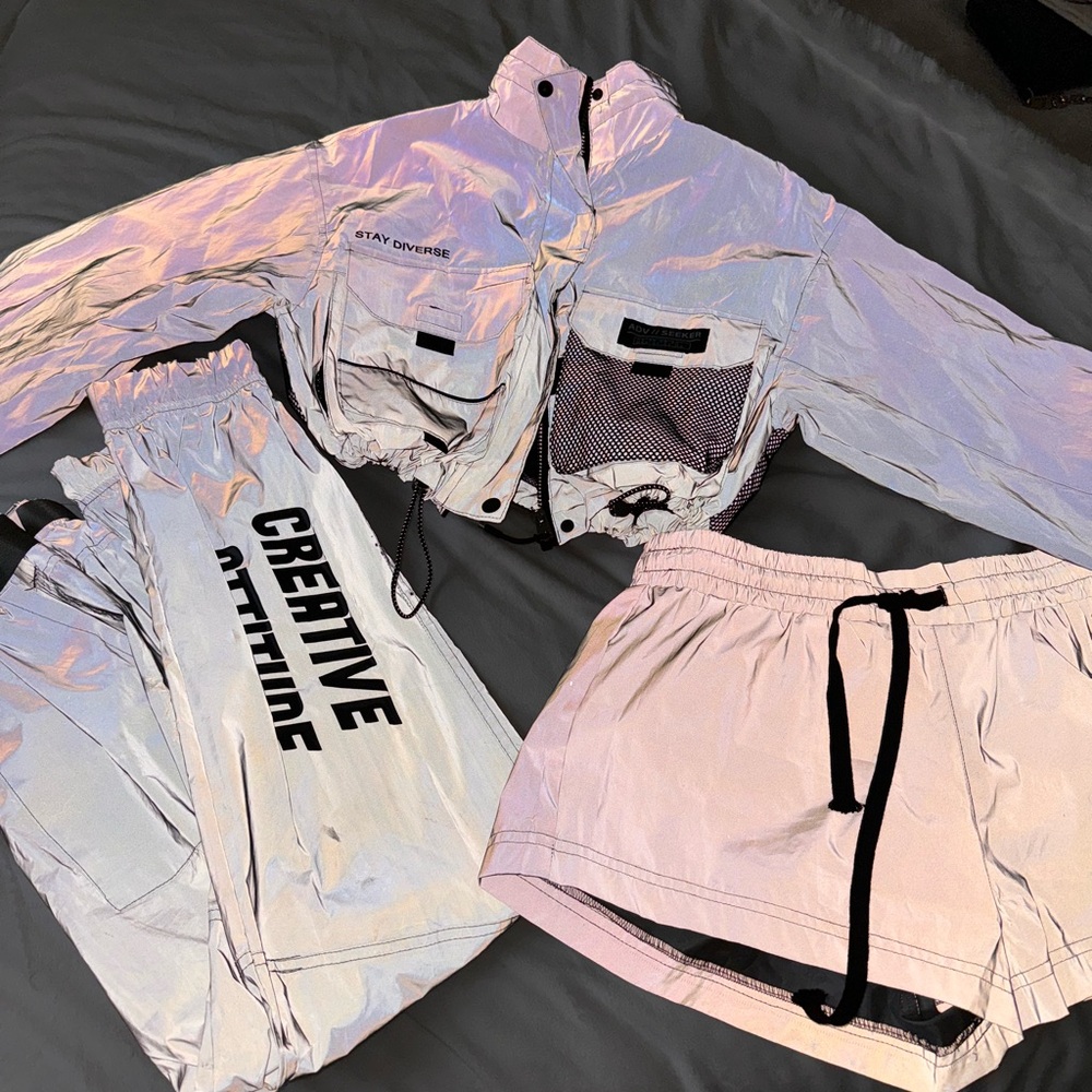 Reflective gray jacket, shorts and pants sets